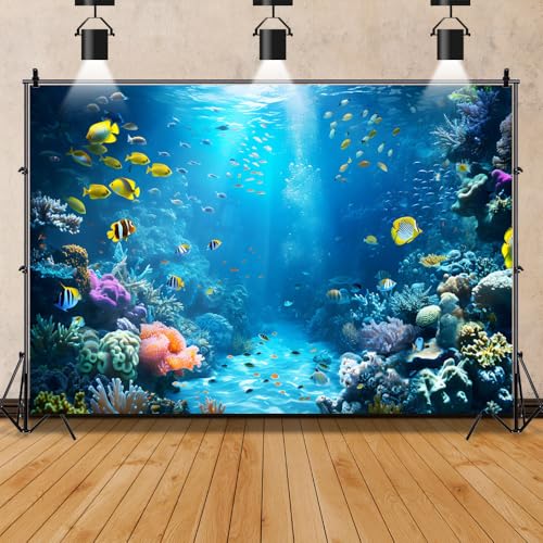Under The Sea Backdrop 15x10ft Ocean Backdrop Underwater World Colorful Tropical Fish Coral Aquarium Deep Sea Sunlight Photography Background Birthday Under The Sea Party Decorations Photo Props - color: Blue2, size: 15x10ft