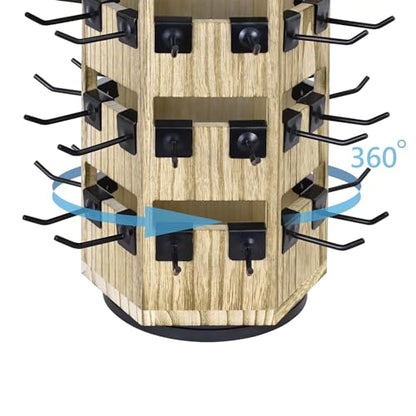 Ikee Design Free Assemble Wood Hexagon Rotating Jewelry Display Stand, 60 Removable Metal Hooks, Keychain Display Stand, Jewelry Organizer, Earring Bracelet Organizer, Oak Color, 8.3W x7.2D x 16.2H in - color: 6 side, Oak, 60 hooks