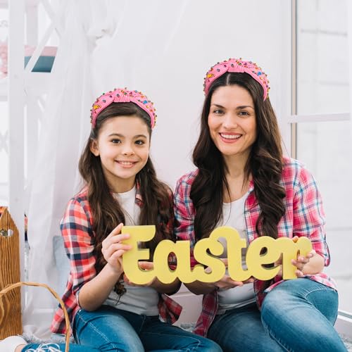 NVENF Easter Headband for Women Beaded Easter Rabbit Bunny Headband White Pink Crystal Pearl Knotted Headbands Happy Easter Hair Accessories Spring Holiday Headwear Outfits Gifts (Bunny C - Pink) - color: Bunny C - Pink