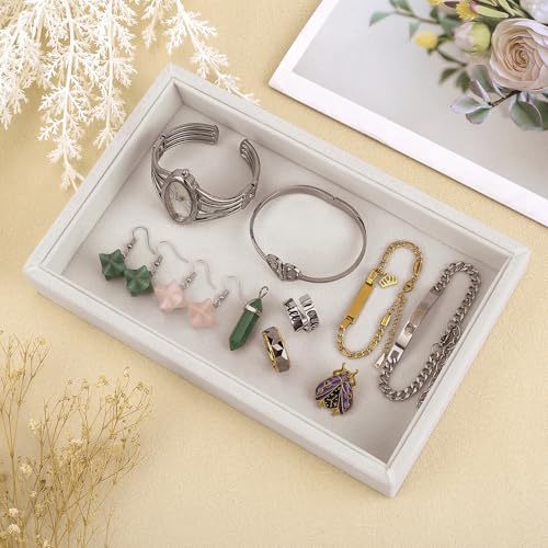 2 Pcs 9" x 5.7" Velvet Jewelry Tray Jewelry Display Tray, Stackable Empty Plate Trays for Earrings Necklaces Bracelet Rings Display Showcase - Beige - color: Beige, size: Flat Tray 9"x5.7"
