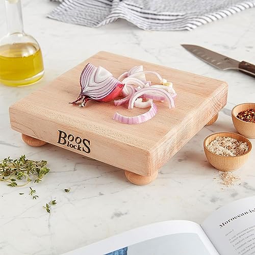 John Boos B Series Square Wooden Maple Cutting Board 9”x9” – 1.5” Thick, 3.7-lb Non-Reversible Butcher Block with Wood Bun Feet & Edge-Grain - color: Maple with Wood Feet, size: 9"L x 9"W