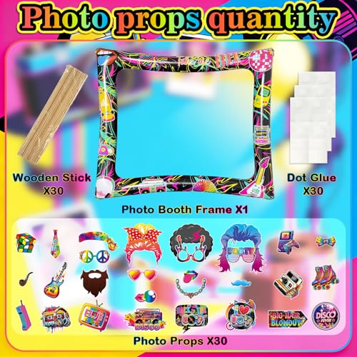 80s Inflatable Photo Frame & Props, 30Pcs Back to The 80s Photo Booth Props with Inflatable Selfie Picture Frame for 1980s Throwback Birthday Party Supplies - color: 80s