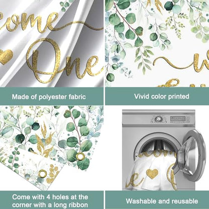 Mocsicka Greenery Baby Shower Banner - Welcome Little One Neutral Baby Shower Decorations Background, Eucalyptus Greenery Leaves Boy Girl Party Photo Props