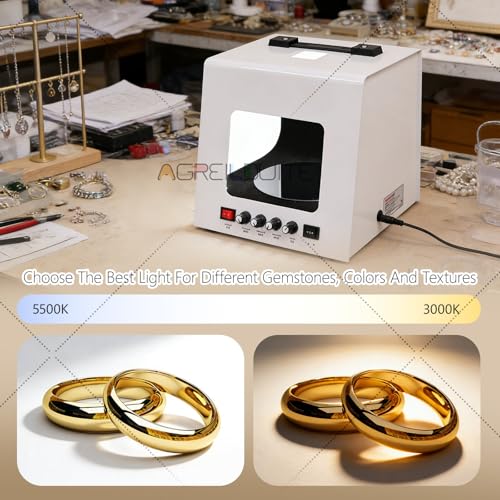Pro Jewelry Photography Box Kit - Mini Photo Studio with 4 Dimmable Lights, Adjustable Speed Turntable & 360° Rotating Rack for Stunning Jewelry Photos & Accessories TB30