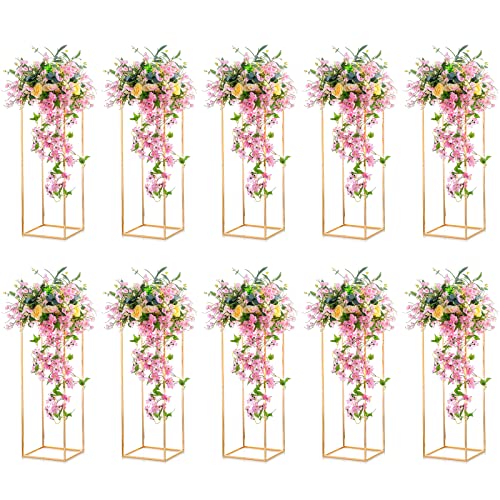 Nuptio 10 Pcs Gold Vase Metal Column Stand Road Lead Geometric Centerpiece Vase for Tables, 31½ inch Tall Floor Vases Decorative Tall Flower Rack for Home Event Party Wedding Decorations for Reception - size: 31½" H X 10 Pcs