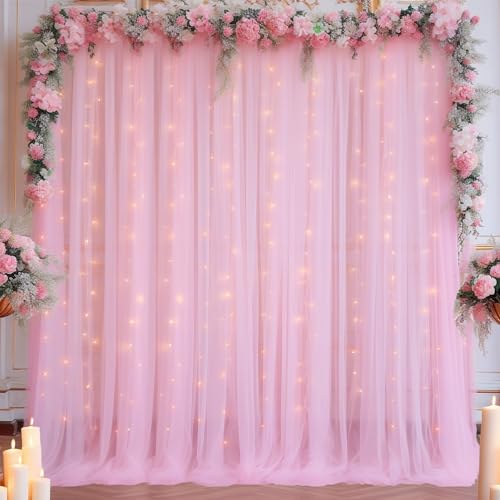 10x8ft Baby Pink Tulle Backdrop Curtain with Lights String for Parites, Sheer Backdrop Curtains for Wedding Baby Shower Birthday Party Photo Shoot Decorations - color: Baby Pink, size: 10ft x 8ft(2 Panels 5*8ft)