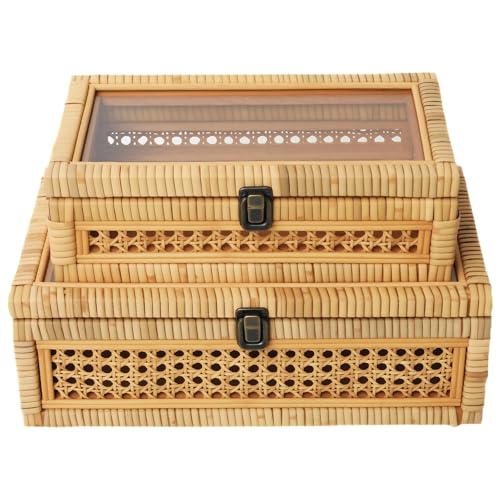 SwallowLiving Handwoven Rattan Storage Boxes with Glass Lid, Set of 2 – Decorative Wicker Organizer with Metal Latch, Wooden Frame Display Box for Jewelry, Keepsakes, Cosmetics, Natural Color