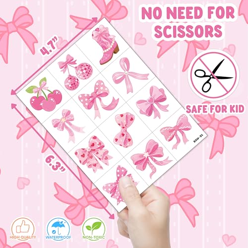 96 PCS Pink Bow Pre-Cut Temporary Tattoos for Kids | Super Cute Pink Bow Themed Birthday Party Favors, Supplies, Decorations, Fake Tattoo Stickers, School Rewards & Gifts for Boys & Girls