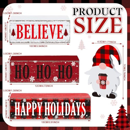 Geelin 4 Pcs Christmas Wooden Table Decorations Xmas Red and White Buffalo Plaid Signs Rustic Happy Holiday Tiered Tray Decor Xmas Gnome Tabletop Centerpieces for Home Desk Room Kitchen Shelf - style: Gnomes