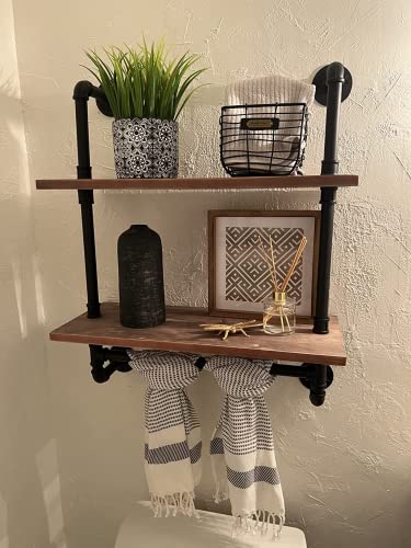 ROGMARS Industrial Pipe Shelf Floating Shelves Bathroom Pipe Shelving Farmhouse Bathroom Shelves with Towel Bar Towel Rack Over Toilet Industrial Shelf Rustic Wall Wood Shelves 19.7 Inch - color: Rustic Brown, size: 20 Inch 2 Tier