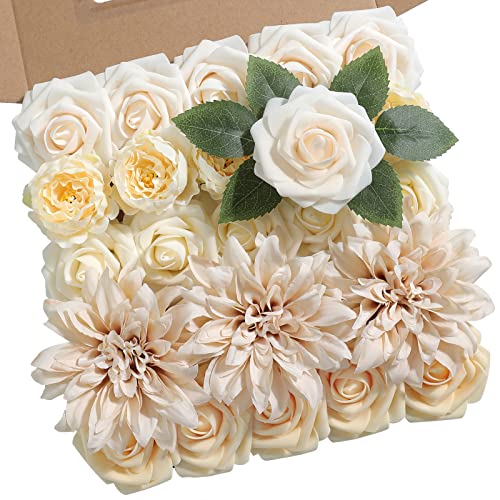 rongflower Champagne Artificial Flowers Combo Box Set Gradient Color Flower Leaf with Stems for DIY Wedding Bouquets Centerpieces Baby Shower Party Home Decor - color: Champagne Yellow