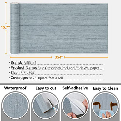 VEELIKE Soft Blue Grasscloth Wallpaper Textured Blue Peel and Stick Wallpaper 15.7''x354'' Removable Blue Linen Woven Wall Paper Self Adhesive Fabric Contact Paper for Bedroom Living Room Walls Shelf - color: Soft Blue, size: 15.7" x 354"