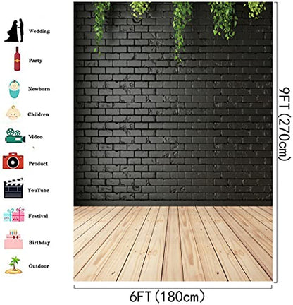 6x9ft Clean Black Brick Wall with Wood Floor Photography Backdrop for Portrait, Green Background, Vinyl Material for Birthdays, Parties, Weddings, Graduations DH-94 - size: 6X9FT