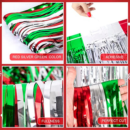 LOLStar 5 Pack Christmas Foil Fringe Curtains Decoration 3.3 X 6.6 ft Red Silver Green Tinsel Fringe Photo Backdrop Streamer for New Year, Ugly Sweater Party - size: 5 PACK