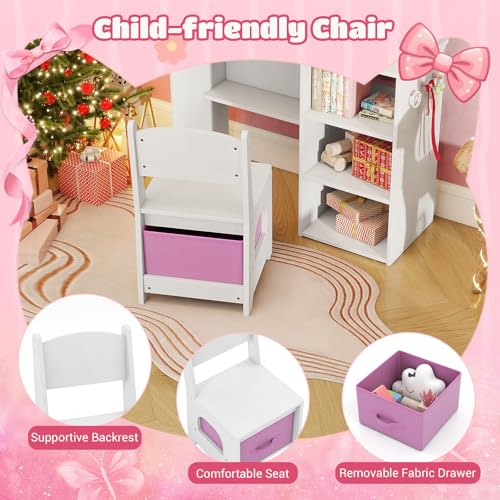 Costzon Kids Vanity with Lights, Girls Vanity Set with Mirror, Storage Drawer, Hooks & Shelves, Toddler Makeup Vanity Desk Dressing Table, Wooden Kids Vanity Table and Chair Set (White) - style: White with Open Shelves