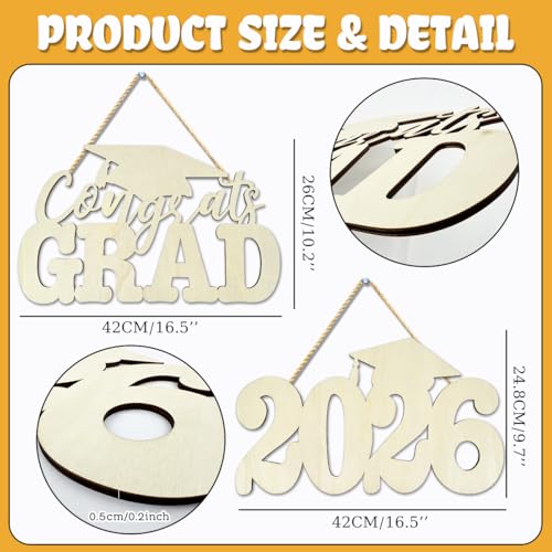 2Pcs Class of 2026 Wood Signs Graduation Decorations 2026 Wooden Sign Congrats Grad Photo Booth Props for Graduation Party Decoration Wood Cutout High College School Party Supplies