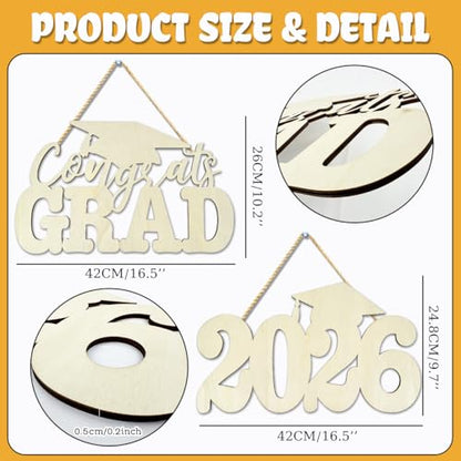 2Pcs Class of 2026 Wood Signs Graduation Decorations 2026 Wooden Sign Congrats Grad Photo Booth Props for Graduation Party Decoration Wood Cutout High College School Party Supplies