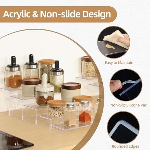 5-Pack Acrylic Spice Rack(10.8"~12.4"L), Seasoning Organizer with Non-Slide Silicone Pads, Clear Cabinet Organizer Shelf for Kitchen Countertop, Cupboard, Pantry, Shelf Riser Rack for Cans and Cups