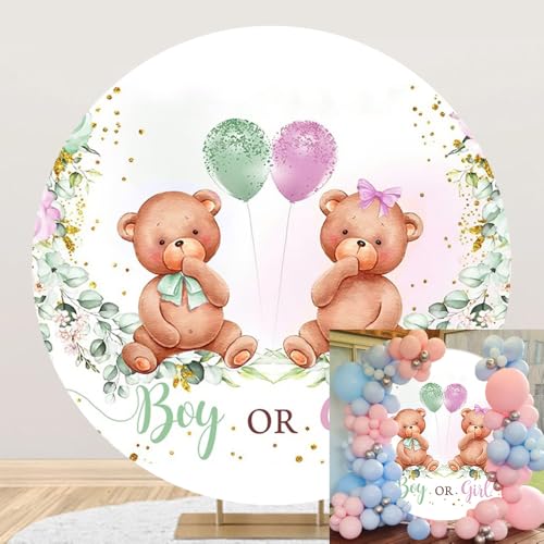 Laeacco 7.2x7.2ft Bear Gender Reveal Round Backdrop Boy or Girl Baby Shower Circle Backdrop Watercolor Balloon Eucalyptus Photography Background for Newborn Neutral Reveal Party Portrait Booth Props - size: 7.2x7.2ft-Diameter
