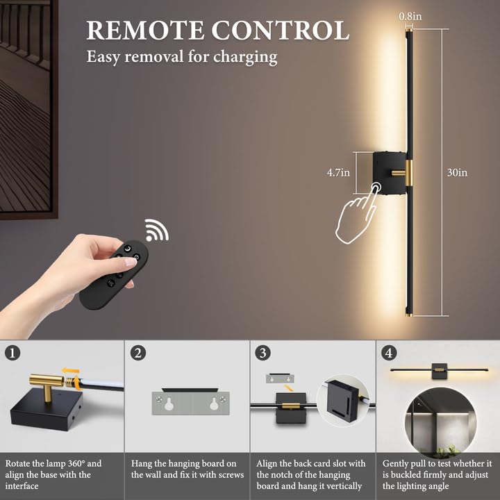 SAIMAND Wall Sconces Set of Two Battery Operated, Wireless USB Rechargeable Wall Lights with Remote, 8000mAh Dimmable LED 3 Color Dimmable Living Room for Bedroom,Hallway,Picture Lamp (30in Black) - color: Black+gold