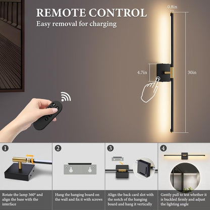 SAIMAND Wall Sconces Set of Two Battery Operated, Wireless USB Rechargeable Wall Lights with Remote, 8000mAh Dimmable LED 3 Color Dimmable Living Room for Bedroom,Hallway,Picture Lamp (30in Black) - color: Black+gold
