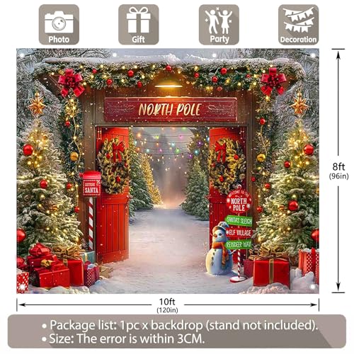 10x8ft Fabric Christmas Backdrop Winter Forest Wooden Barn Door North Pole Snowy Xmas Tree Photography Background Family Holiday Party Decor Photo Props - size: 10'x8'