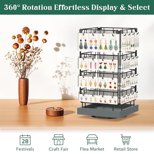 EsLuker.ly Rotating Earring Display Holder Stand for Vendors Events Selling, Large Capacity 64 Hooks Jewelry Rack with Wooden Base for Earring Card Sales, Enhances Retail Visibility(Dark Grey) - color: Dark Grey+Black