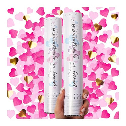 PrimePure Gender Reveal Confetti Cannon - Heart Shaped Confetti Poppers - Pink, 2 Pack - Baby Girl Gender Reveal Party Poppers - Pink Paper Baby Party Supplies Pop Gun - color: Pink