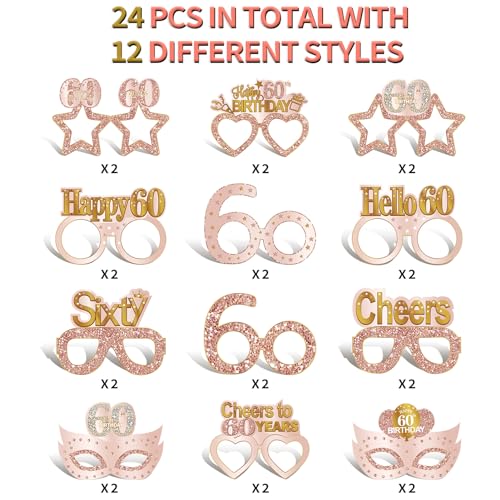 Guiruiy 24PCS 60th Birthday Paper Eyeglasses Decorations for Women, Pink Rose Gold Happy 60th Birthday Eyeglasses Party Supplies, Funny Sixty Year Old Birthday Glasses Photo Props Decor - style: Rose Gold 60th