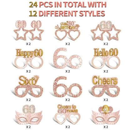Guiruiy 24PCS 60th Birthday Paper Eyeglasses Decorations for Women, Pink Rose Gold Happy 60th Birthday Eyeglasses Party Supplies, Funny Sixty Year Old Birthday Glasses Photo Props Decor - style: Rose Gold 60th