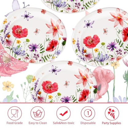 Grencian 50Pcs Floral Oval Paper Plates 10" X 12" Large Disposable Wildflower Plates Heavy Duty Watercolor Flower Platters for Spring Birthday Picnic Wedding Bridal Baby Shower Tea Party Supplies - style: Floral Oval Party Kit