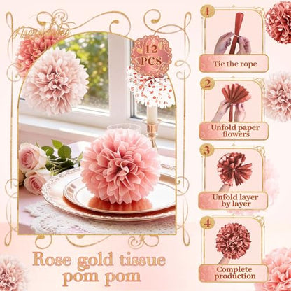 NICROLANDEE Wedding Decorations - 12 PCS Rose Gold Tissue Paper Pom Poms for Engagement Party Wedding Birthday Bridal Shower Bachelorette Baby Shower Ceiling Valentine's Day Party Backdrop Decor - style: Rose Gold