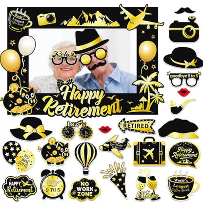 Large Retirement Party Photo Booth Props Kit Decorations Black Gold Frame Selfie Props Funny Farewell Retired Party Sign Cheers to Retirement Party Supplies