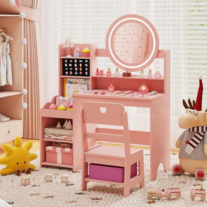 Costzon Kids Vanity, Girls Vanity Set with Mirror and Lights, Jewelry Storage, Shelves, Princess Toddler Makeup Vanity Desk Dressing Table, Wooden Kids Vanity Table and Chair Set (Pink) - style: Pink with Jewelry Storage