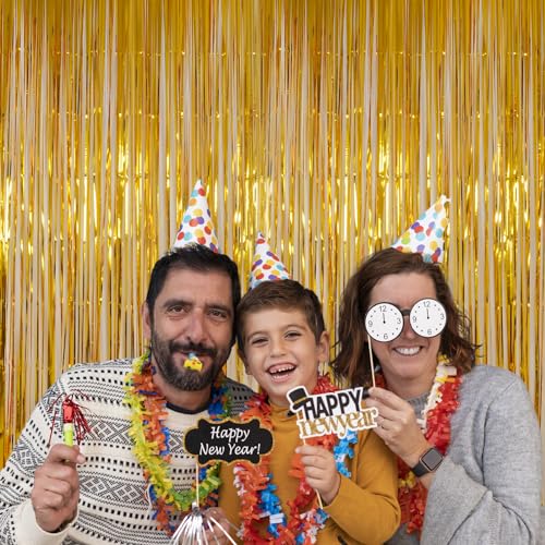 Gold Tinsel Backdrop Curtains, Melsan 3.2 x 8 ft Gold Foil Fringe Curtain Streamers for Birthday, Anniversary, Graduation & Photo Booth, Pack of 2 - color: Gold, size: 3.2 x 8 ft