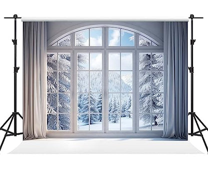Kate 8×8ft Winter Photo Backdrop Photography Christmas Window Snow Forest Decoration Background Xmas Photography Studio Prop Photos Video Party - size: 8×8ft
