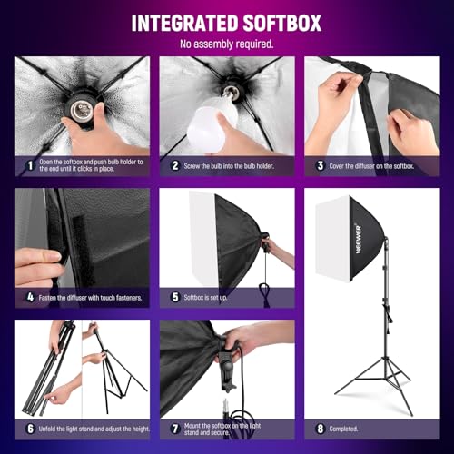 NEEWER 2 Pack 520W Equivalent RGB Softbox Lighting Kit with App Control & 9 Effects, 26W LED Bulbs CRI93+ TLCI98+, E26 Porcelain Sockets, 24" Softboxes for Studio Photography Lighting, NK800