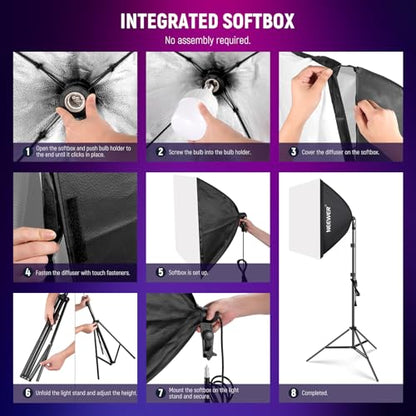 NEEWER 2 Pack 520W Equivalent RGB Softbox Lighting Kit with App Control & 9 Effects, 26W LED Bulbs CRI93+ TLCI98+, E26 Porcelain Sockets, 24" Softboxes for Studio Photography Lighting, NK800
