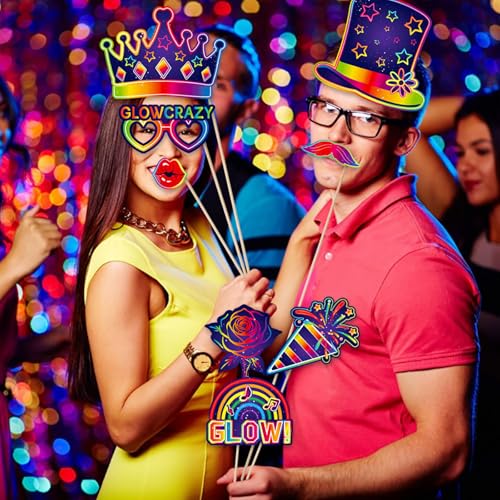 30PCS Neon Photo Booth Props, Glow Inflatable Photo Booth Frame, Funny Selfie Props for Neon Party Accessories Let's Glow in The Dark Birthday Party Wedding Carnival - color: Let's Glow
