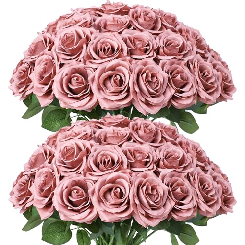 LVEFIT Artificial Rose Flower Dusty Rose Flowers Silk Flowers 50 pcs with Long Stem Silk Roses Bouquet for Wedding Bridal Shower Party Home Decoration - color: Dusty Rose, size: 50pcs