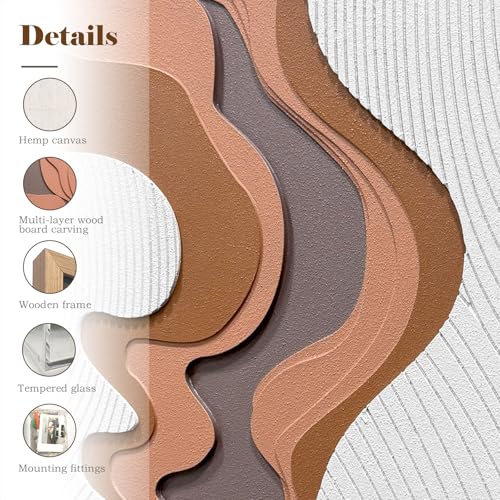 BrightA 5-Layer Wood ReliefWooden Wall Art Fluid Curves in Warm Brown & Ash Grey with Linear Grain Background, Framed in Solid Wood & Tempered Glass for Contemporary Walls 27.5"x39.4" - color: Rice white + earth yellow + dark brown 3 + natural wood ton