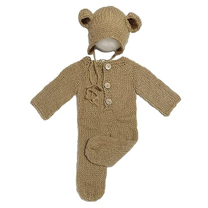 2Pcs Newborn Photography Props Boy Photo Posing Outfits Baby Photoshoots Girl Crochet Bear Hat Romper - color: Khaki