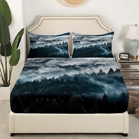 Smoky Mountain Bed Sheets Pineforest Sheet Set Full Grey Trees Natural Scenery Art Bed Sheet Mountain with Firforest and Arrow Folk Style Retro Print Decorative Bedding Sheets & Pillowcases,Soft - color: Multi 04, size: Full