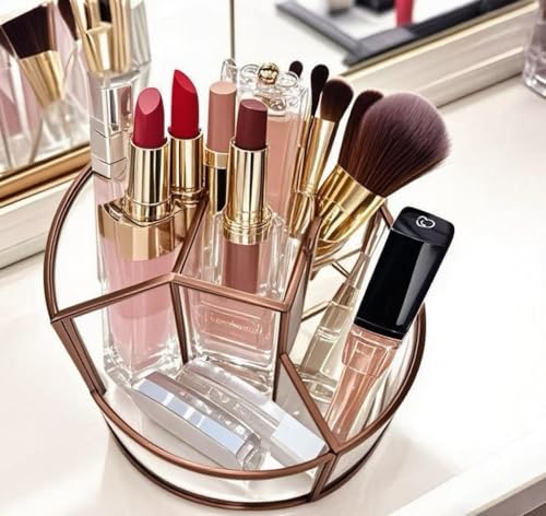 360° Rotate Makeup Brush Holder, Makeup Organizers Countertop, Perfume Tray, Bathroom Organizer and Storage for Eyeliner,Lipstick, Lazy Susan Organizer for Vanity Cabinet Dresser Bathroom (Brass) - color: Brass