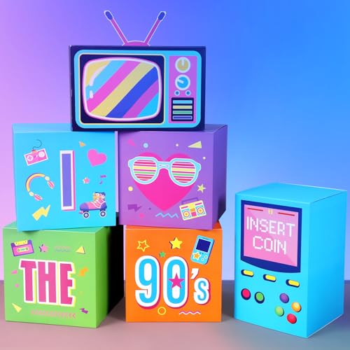 Amyhill 6 Pcs Large 90s Party Decorations Hip Hop Favor Set Paper Party Boxes Novelty Disco Theme Decoration for Retro 1980s 1990s Theme Birthday Neon Disco Music Supplies - style: 90s