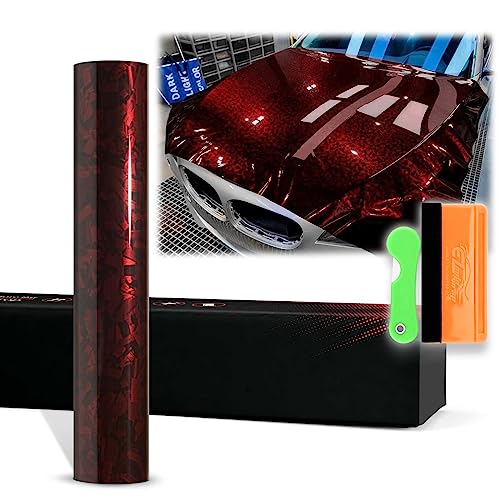 12"x60" (1FTx5FT) Red PET Marble Forged Carbon Fiber Textured Gloss Vinyl Wrap Auto Car Sticker Decal Film Sheet Bubble Free Air Release Technology with Tool Kit - color: Red, size: 12"x60" (1FTx5FT)