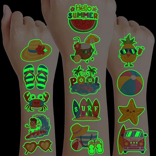 96 PCS Hello Summer Beach Pool Hawaiian Pre-Cut Luminous Glow in the dark Temporary Tattoos for Kids | Super Cute Themed Birthday Party Favors Supplies Decorations, Fake Tattoos Gifts for Boys Girls - color: Luminous