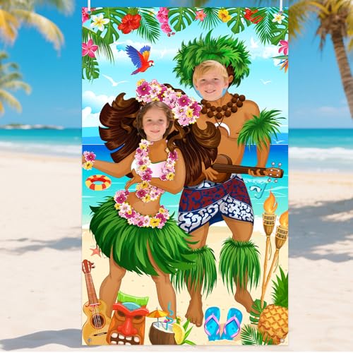 AIBIIN Hawaiian Photo Props Banner Tiki Luau Couple Door Banner Aloha Party Decorations Tropical Beach Photo Booth Background Tiki Luau Aloha Beach Party Decorations 43.3x70.8inch