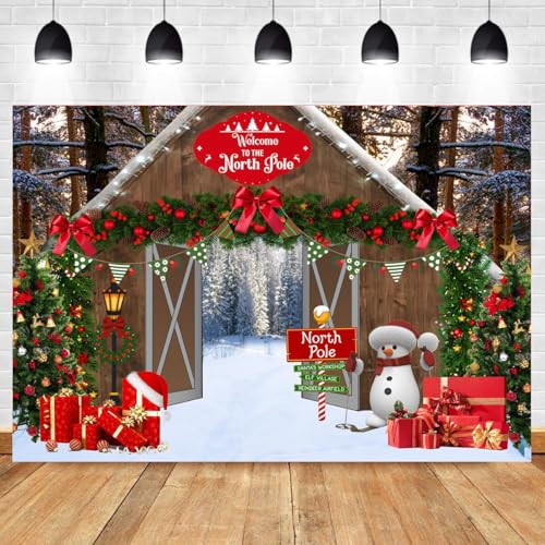 Christmas Backdrop 7x5FT North Pole Snowy Winter Forest Wooden Barn Door Photography Background for Family Holiday Party Decor Decorations Xmas Trees Family Banner Photo Booth Props - color: Colorful