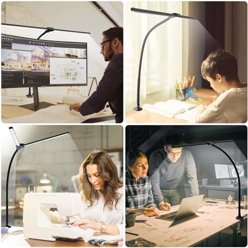 ShineTech LED Desk Lamp for Home Office, 3000K Warm White Double Head Architect Task Lamps with Clamp, Dimmable Adjustable Flexible, Black - color: 3000K- Warm White